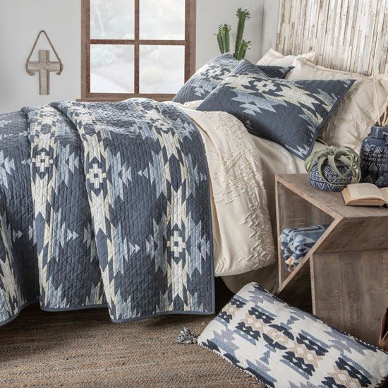 Pendleton Southwestern Gray Blue White Quilt Bedding Blanket Set popular 94x84