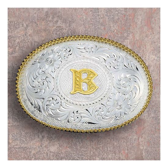 Initial A Silver Engraved Gold Trim Western Belt Buckle