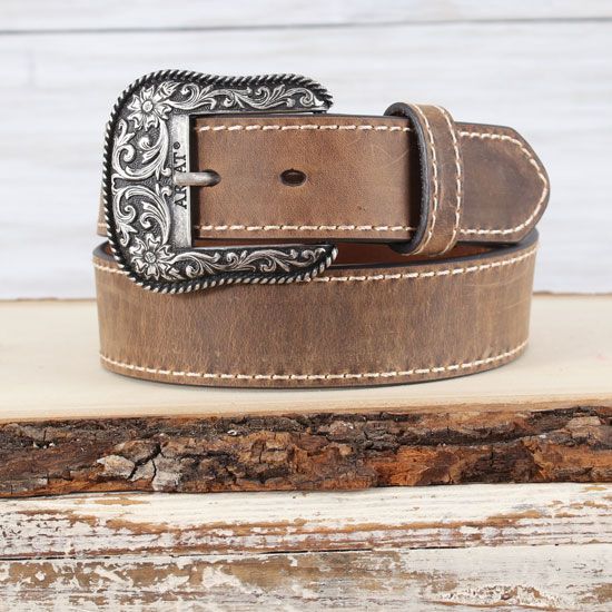 N3412002  Tan brown leather cowgirl belt with big turquoise accented buckle  - Corbeto's Boots