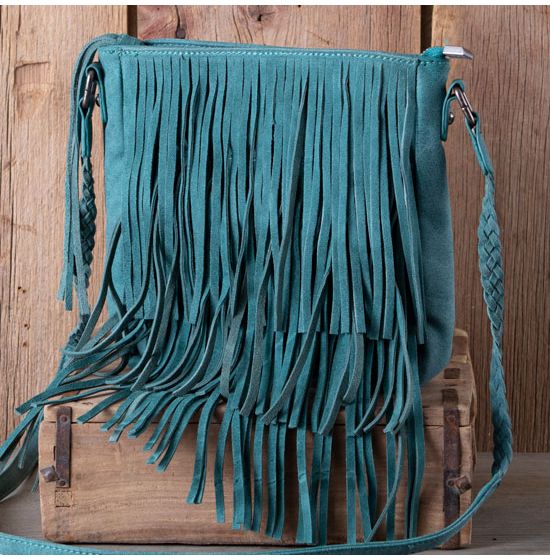 Small Handbag Dallas Turquoise Leather Full Fringe