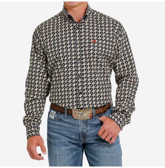 Cinch Men's Floral Geometric Print Brown Long Sleeve Button Down