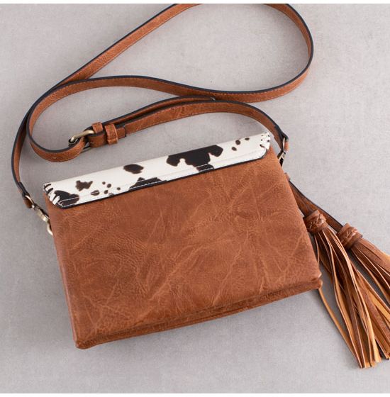 CW20307 Western Style Cow print with Fringe Crossbody
