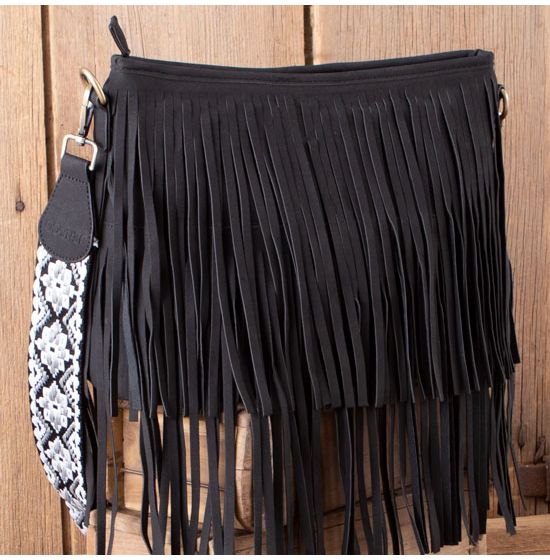 Black and Ivory Cow Print Fringe Crossbody Bag in 2023