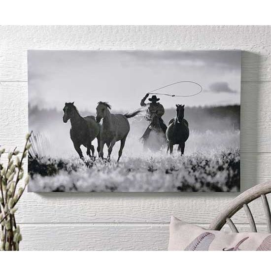 Black and White Roping Cowboy Canvas