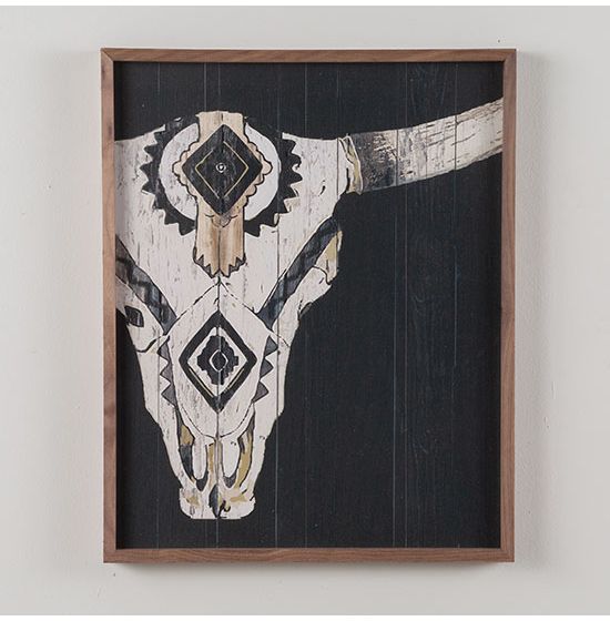 Black Tribal Longhorn Skull Framed Art