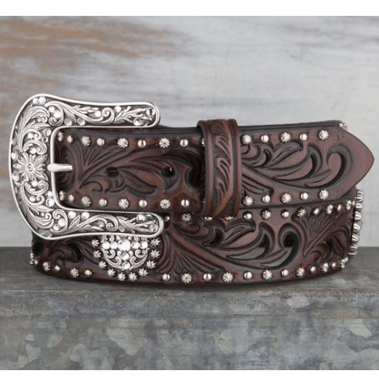 Ariat® Girls' Brown Leather Floral Pink Lace Studded Belt