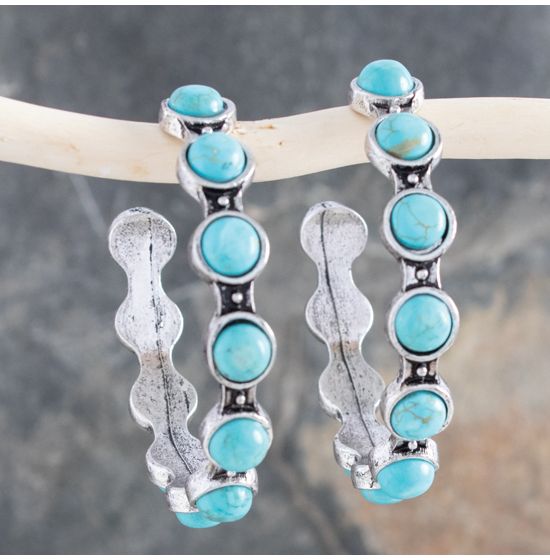 Silver Hoops with Turquoise Stones Earrings