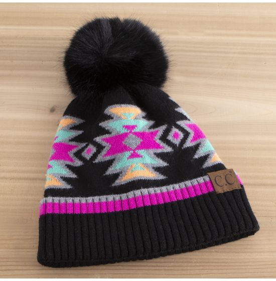 Aztec Pink & Denim Faux Fur Pom-Pom Beanie Hat