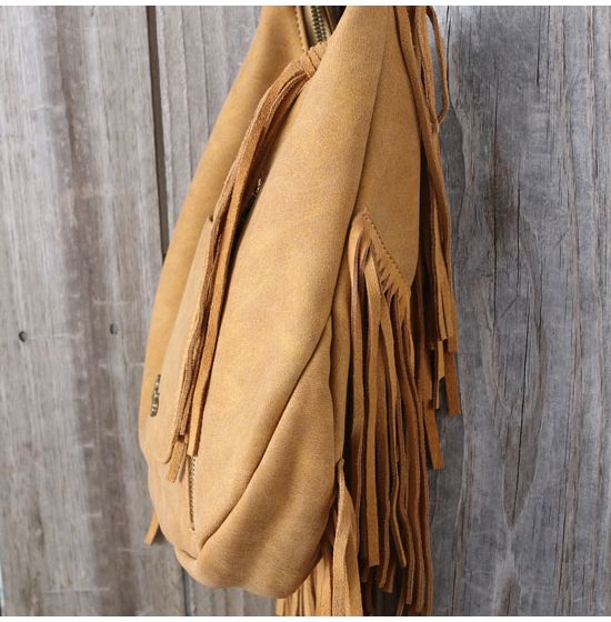 Tan Real Suede Western Quilted Fringe Bag