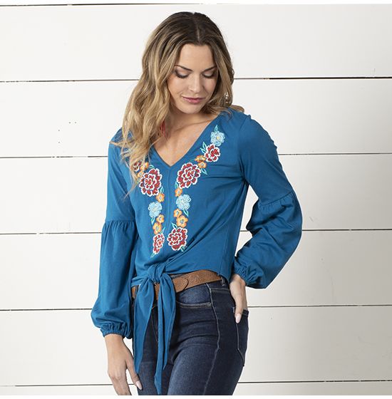 Rock & Roll Cowgirl Denton Floral Blue Top