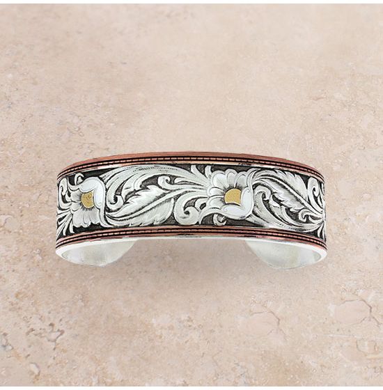 Montana Silversmiths Tri-Colored Floral Leather Cut Cuff Bracelet