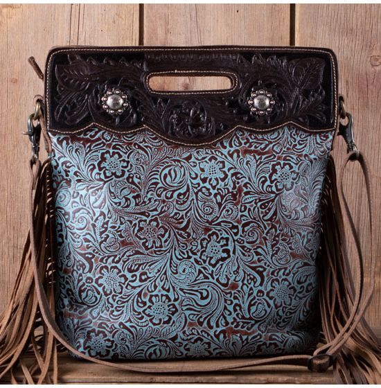 Blue Vine Tooled Leather Crossbody