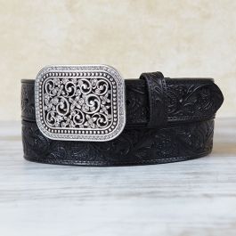 Ariat Black Tooled Belt with Rhinestone Buckle