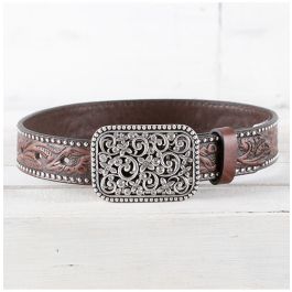 Ariat Women's Black Tooled Pattern Belt with Rhinestone Buckle - Saddle Rags