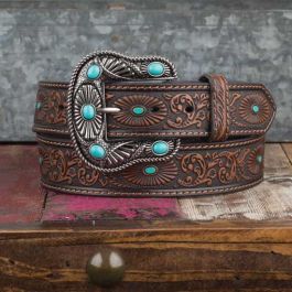 N3412002  Tan brown leather cowgirl belt with big turquoise accented buckle  - Corbeto's Boots