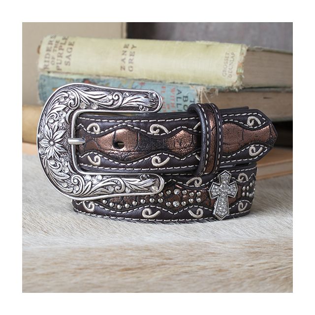 Ariat Women's Black Tooled Pattern Belt with Rhinestone Buckle - Saddle Rags